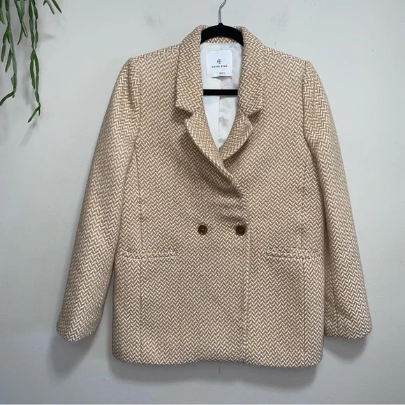 Anine Bing Fishbone Double Breasted Blazer Jacket Large Tan Cream Beige Wool S - Picture 2 of 11